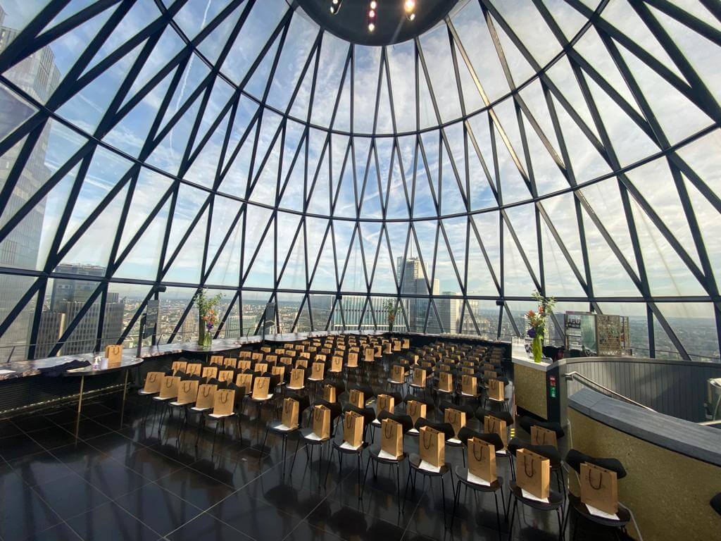 Empty panel set up in the Gherkin ready for the Industry Insight event