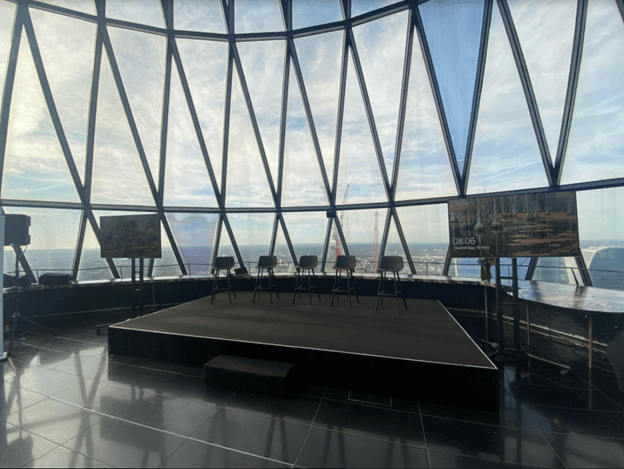 Empty panel set up in the Gherkin ready for the Industry Insight event