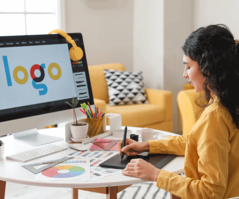 Female graphic designer sits at a computer using a drawing pad to design a logo