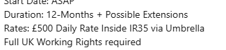 Job advert for a 12-month contract offering a £500 daily rate inside IR35 via umbrella company