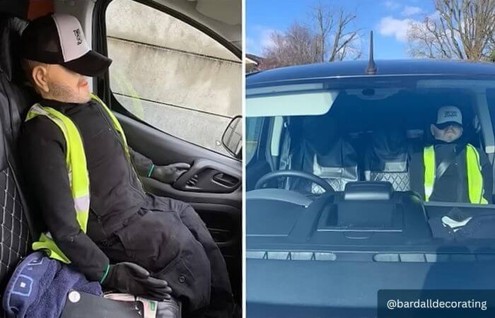 Side-by-side photos of Joel Bardall's 'dummy', posed in van seat to deter tool theives